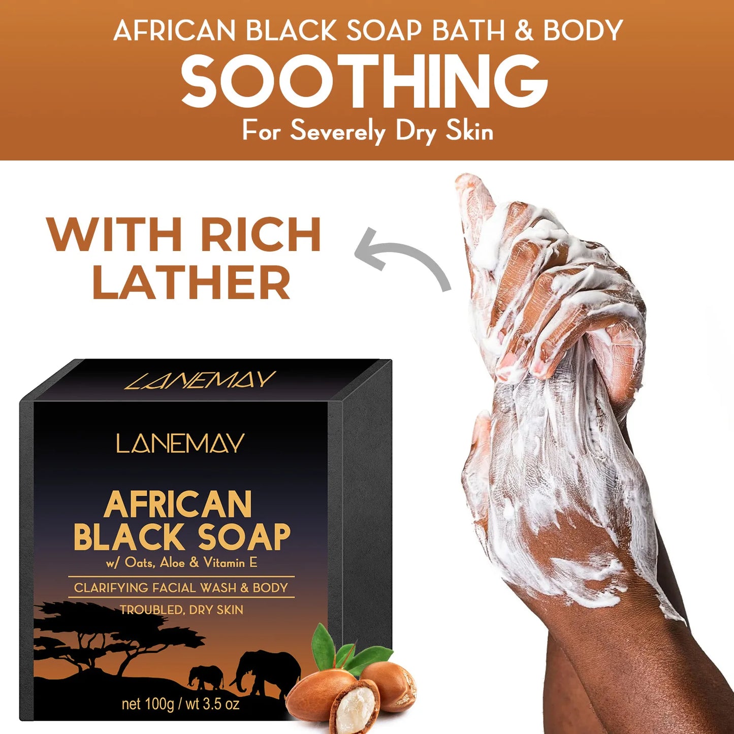 100g AFRICAN BLACK SOAP Shea Butter Bar Moisturizing Acne Treatment Cleanser for Clear Skin Care Deep Cleaning Glowing